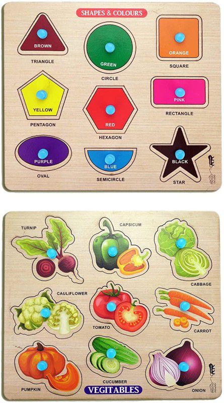 GREST Mini Wooden Shape , Colors and Vegetables Puzzle with Knobs Game For Kids  (2 Pieces)
