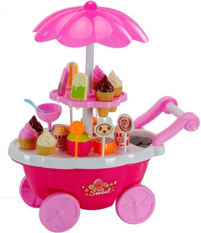 Nightstar 39 Pcs Ice Cream And Candy Flavours Luxury Pink Cart Sweet Shop with Light and Music Toy For Kids