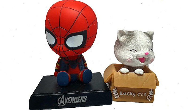 Daiyamondo Avenger Spider Man With lucky Cat2 Big Size Bobble Head - Action Figure Moving Head Bobblehead Spring Dancing PVC Bobble Spring Dancing Doll Toy Car Dashboard Bounce Toys for Car Interior Dashboard  (Multicolor)