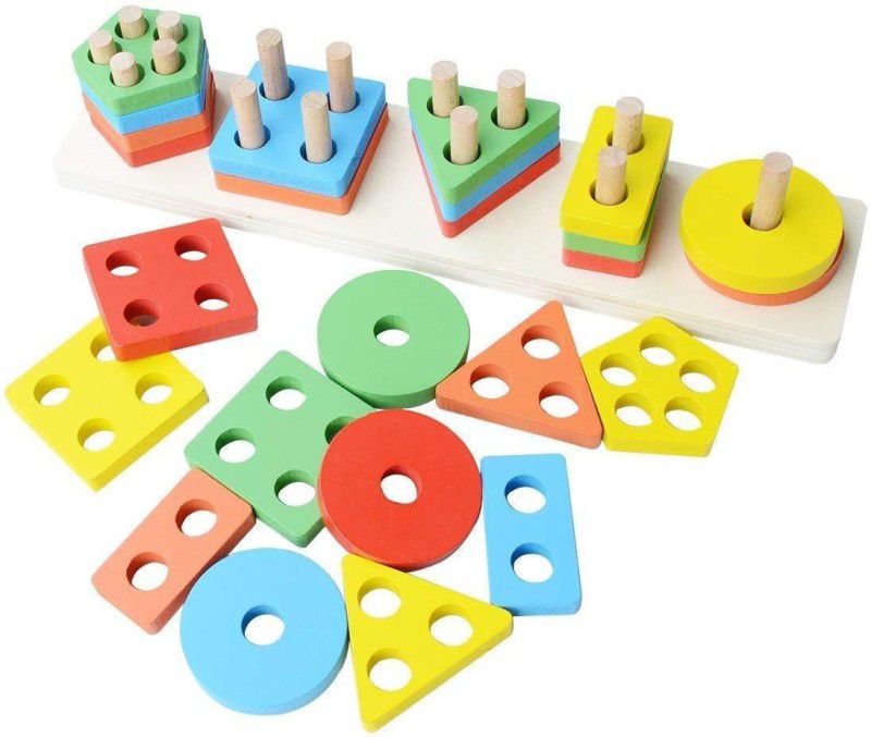 JR Enterprises Wooden Geometric Shape Matching 5 Column Blocks Montessori Learning Toys  (20 Pieces)