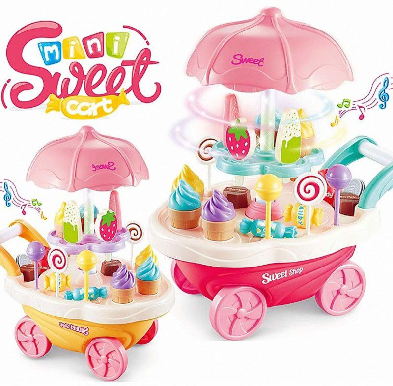 Arham Collection Sweet & Ice Cream Shopping Trolley Pretend Play Set with 360° Rotation(30 Pcs)  (Pink)