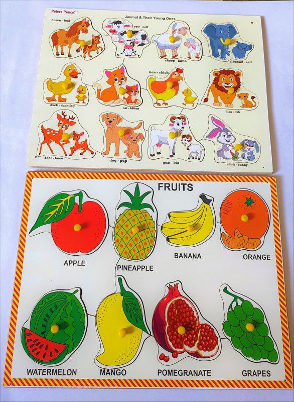 PETERS PENCE WOODEN SET OF FRUITS & ANIMALS WITH YOUNG ONES PUZZLE BOARD FOR KIDS EDUCATION  (20 Pieces)