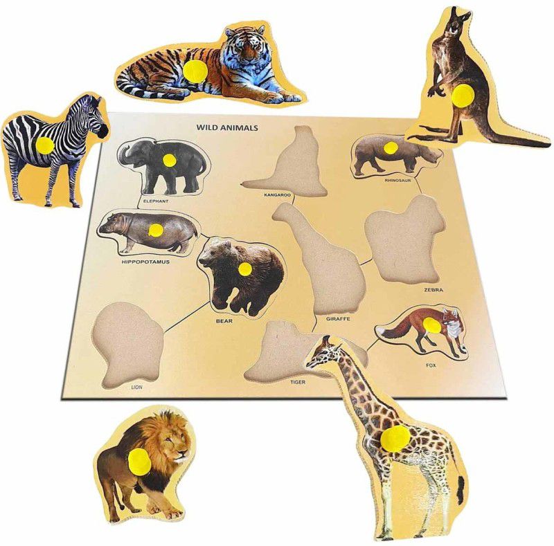 AMUSING Wild Animals Wooden Learning Educational Puzzle Board for Kids with Knobs  (10 Pieces)