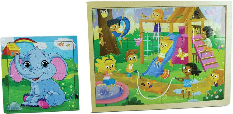 Al Murg Wooden Jigsaw Puzzle Combo-12 piece Play Ground & 16 Piece Elephant puzzle 2 in1  (28 Pieces)