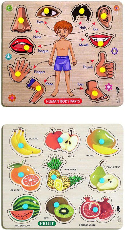 GREST Mini Wooden Human Body Parts and Fruits Puzzle with Knobs Game For Kids  (2 Pieces)