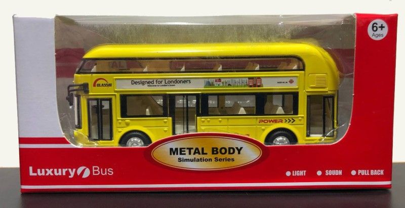 VRUX 1/32 Scale Double Decker Bus Casting Car Model, Metal Body Yellow Luxury Bus with Real Sound and LED Light with Pull Back and Door Opening Feature (Yellow, Pack of: 1) (Yellow, Pack of: 1)  (Yellow, Pack of: 1)