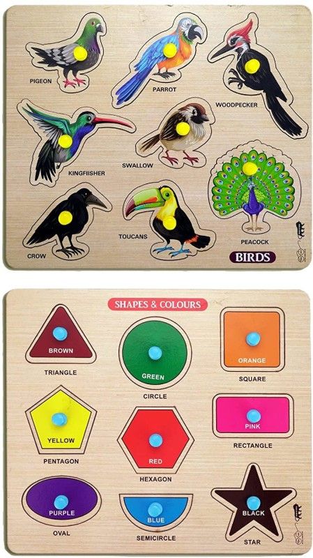 GREST Mini Wooden Shape , Colors and Birds Puzzle with Knobs, Learning Game For Kids  (2 Pieces)