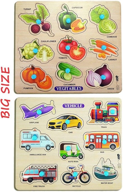 Enorme Big Wooden Vegetables and Vehicles Puzzle with Knobs, Learning Game For Kids  (2 Pieces)