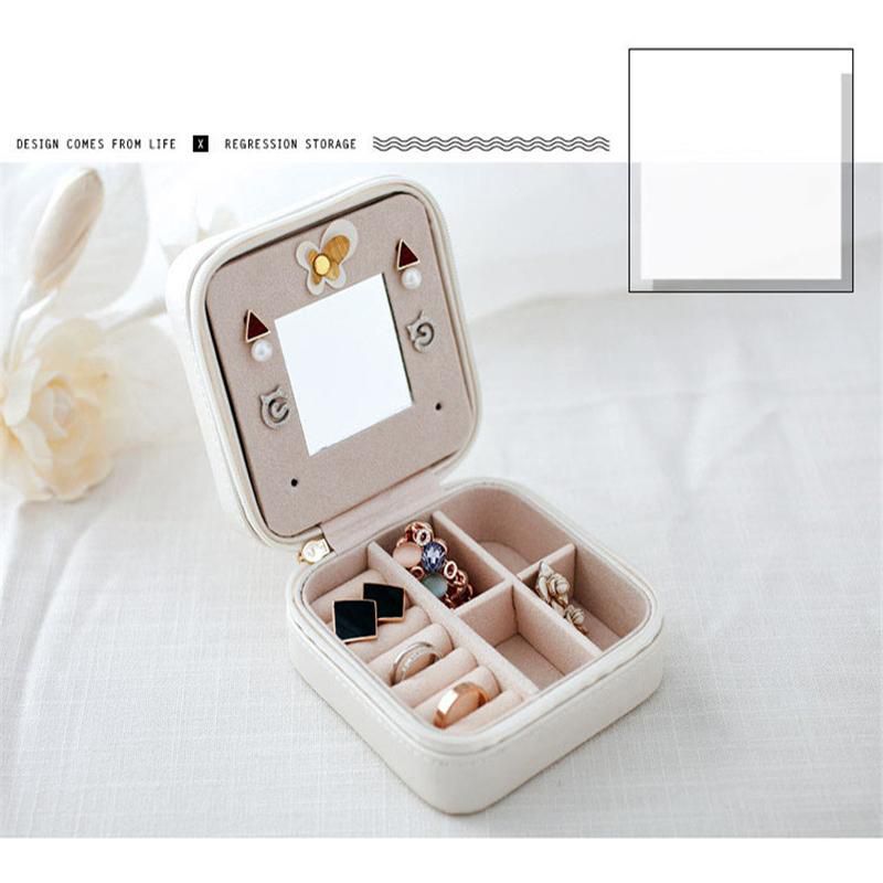 Jewelry Box Portable Leather Jewelry Makeup Organizer Cosmetic Mirror Travel