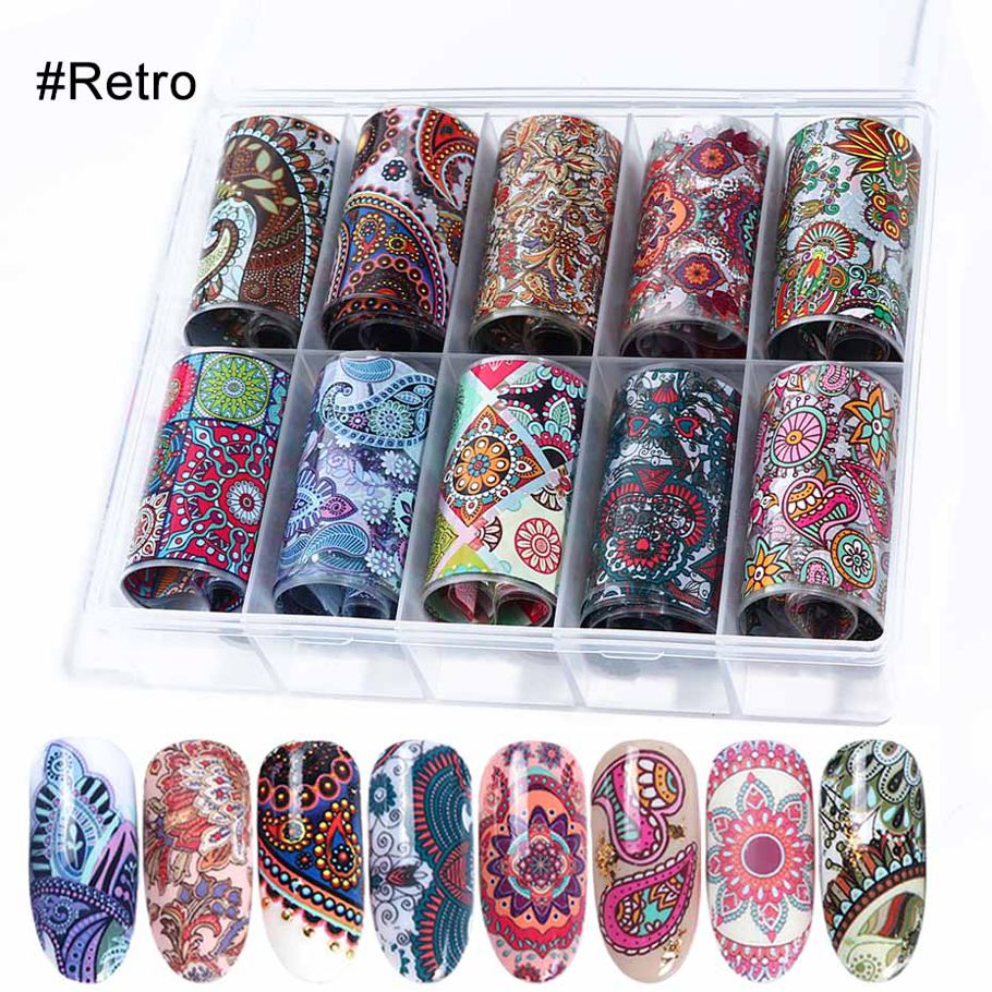 10 Roll Colorful Flowers Nail Foil Sticker Holographic Marble Transfer Foil Decal Metal Design Slider Nail Art Decoration JI1027