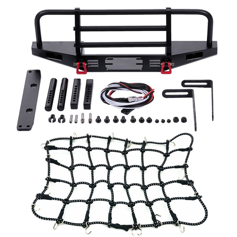 1Pcs Adjustable Metal Front Bumper with 2 Led Light & 1Pcs 1/10 Scale Rc Rock Crawler Accessory Luggage Roof Rack Net