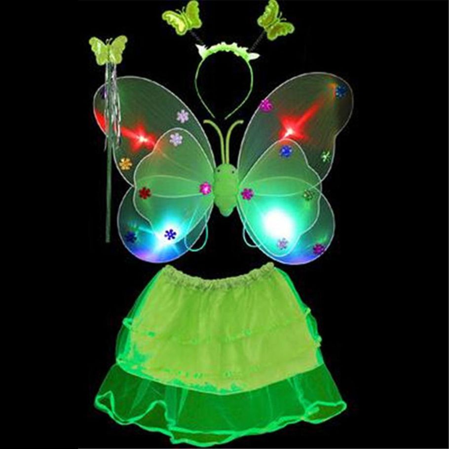 4pcs LED Butterfly Wing Headband Fairy Wands Skirt Kids Costumes Cosplay Party Xmas Decor