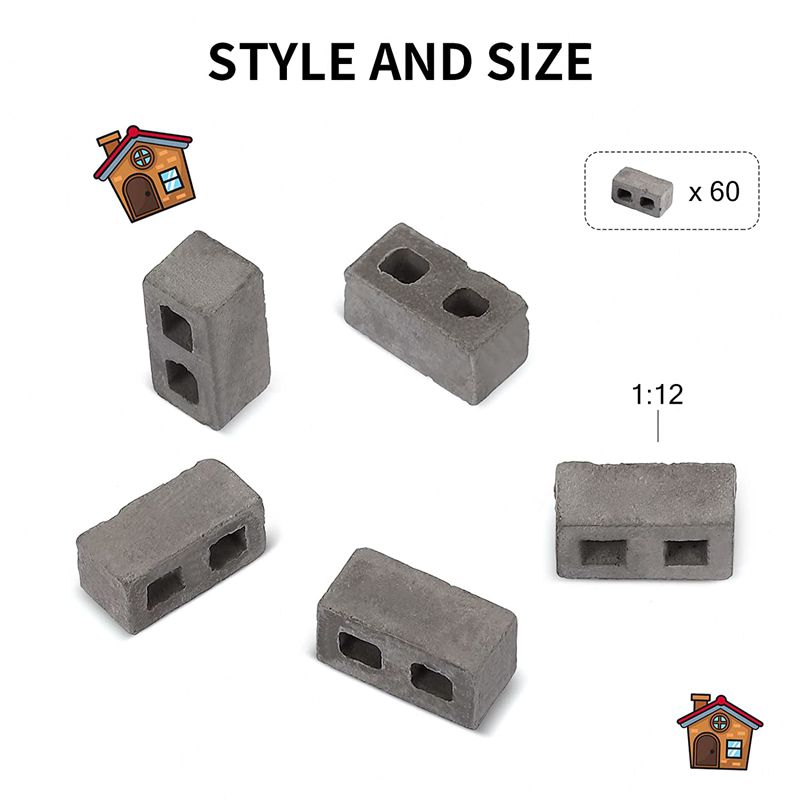 60 Packs Cinder Blocks 1/12 Scale Mini Bricks Concrete Miniature Bricks Tiny Landscaping Dollhouse Accessories