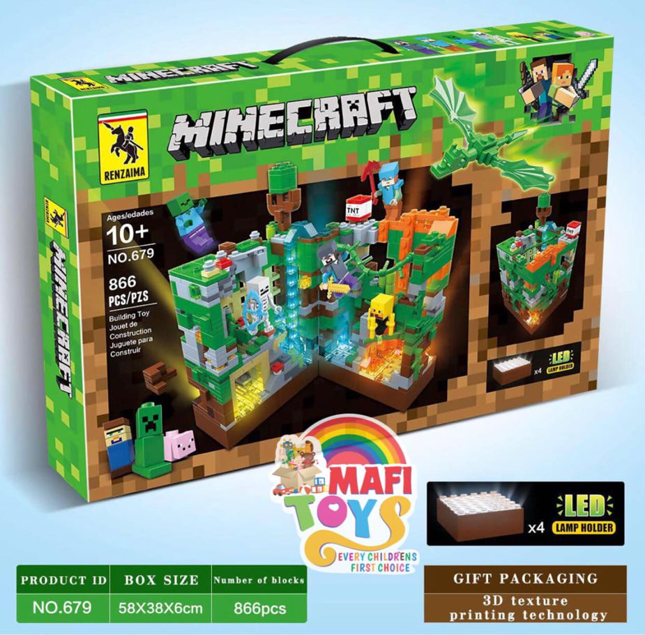Minecraft LEGO Building Blocks with LED Light Brick Set Children's Lego Building Brick Toy Lava Cave With LED Light Glowing (866+pcs)