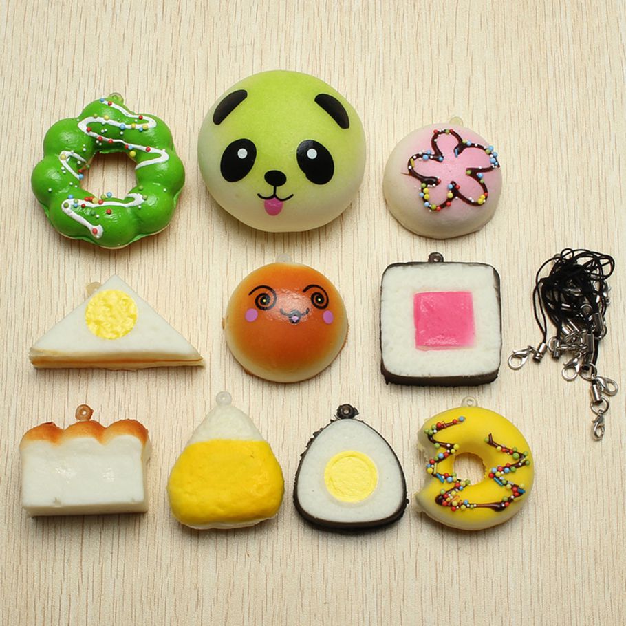 10Pcs Random Squishy Soft Sushi/Panda/Bread/Cake/Buns ph one Straps