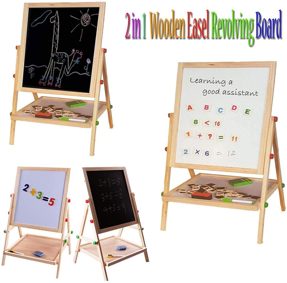 Kids 2 in 1 Wooden Writing Board Easel Black Board & Magnetic White Board Double Sided REVOLVING Easel Board (100cm)
