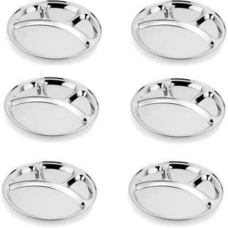 KhatuMart Stainless Steel compartments Extra deep in 1 Kitchen Dinnerware Dinner Plate  (Pack of 6)