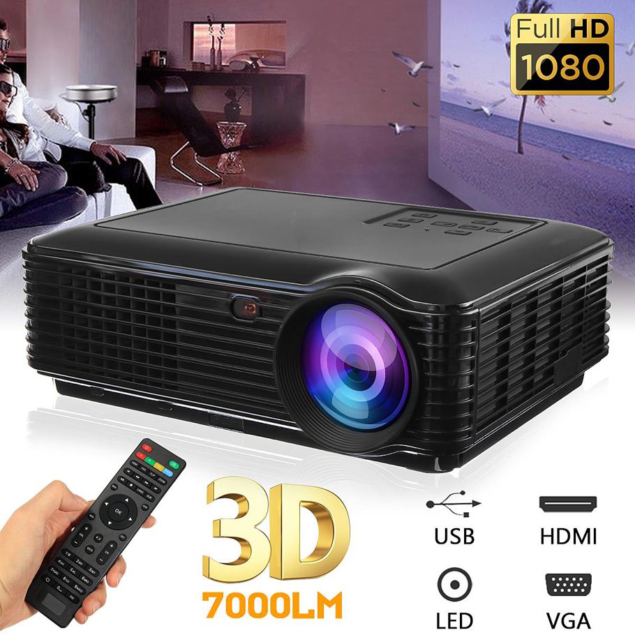 7000 Lumens 1080P LED Full HD Projector Home Cinema Movie Theater AV/TV/USB/HDMI EU Plug - Black Eurocode