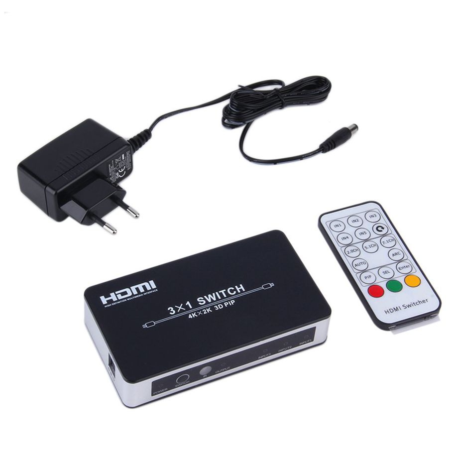 MA EU Plug HDMI-compatible Switch 3x1 Switcher Converter 4 Ports Audio 3D Video-black
