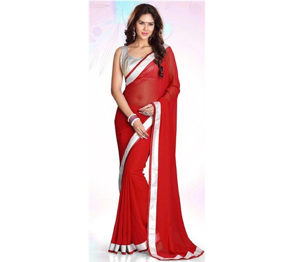 Red Indian soft georgette sharee with lace border