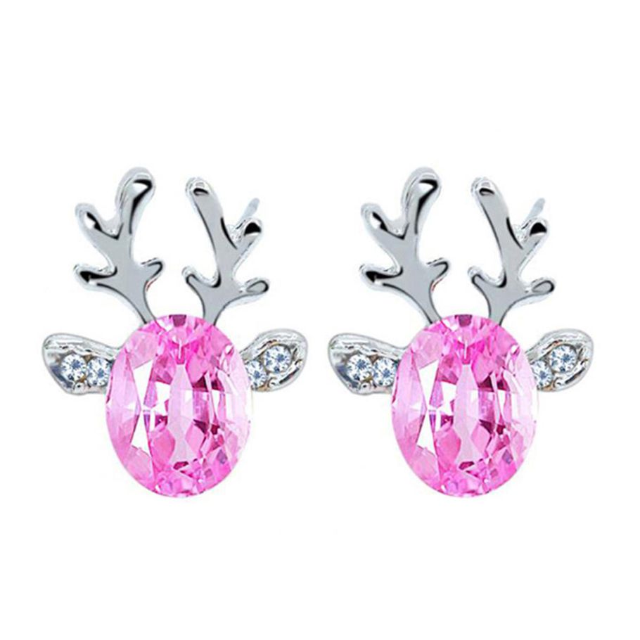 Women Christmas Faux Gemstone Inlaid 3D Antler Ear Stud Earrings Jewelry Gift