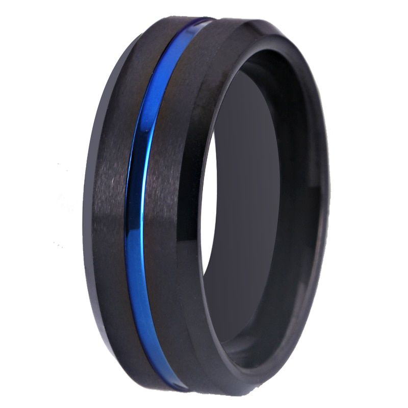 FDLK  Men's fashion 8MM Black Brushed Ladder Edge Stainless Steel Ring Blue Groove Men Wedding Ring Gifts For Men