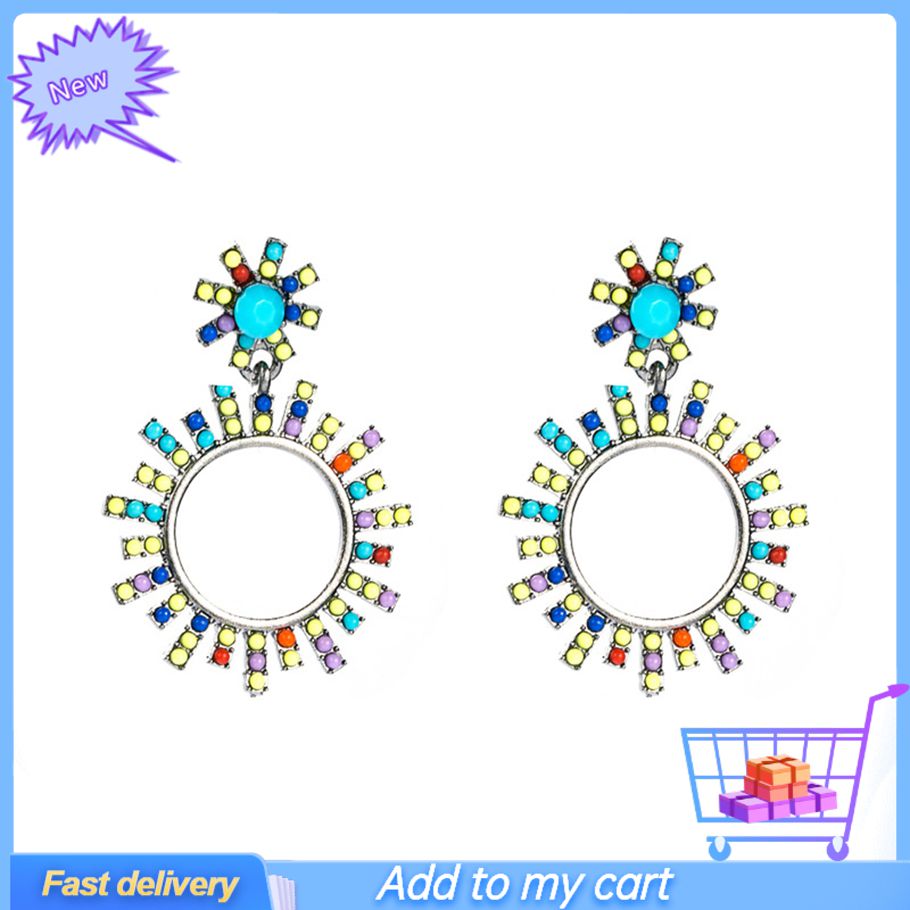 Dangle Earrings Retro All-match Sun Flower Round Colorful Double Ear Studs for Vocation
