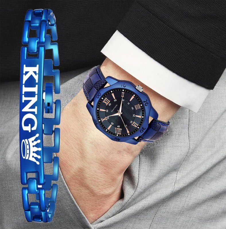 King Bracelet Designer Strap Stylish Sport Look Boys watch for men Analog Watch - For Boys Men02 Blue Black With King Bracelet