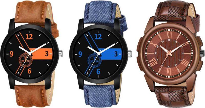 Analog Watch - For Boys NEW DESIGN ANALOG WATCHES FOR BOYS BEST WRIST WATCH BLUE AND BROWNE LEATHER STRAP AND LUXURY DESIGN DIAL BLACK AND BROWN TRENDY 426 ANALOG COMBO WATCHES FOR MEN'S AND BOYS