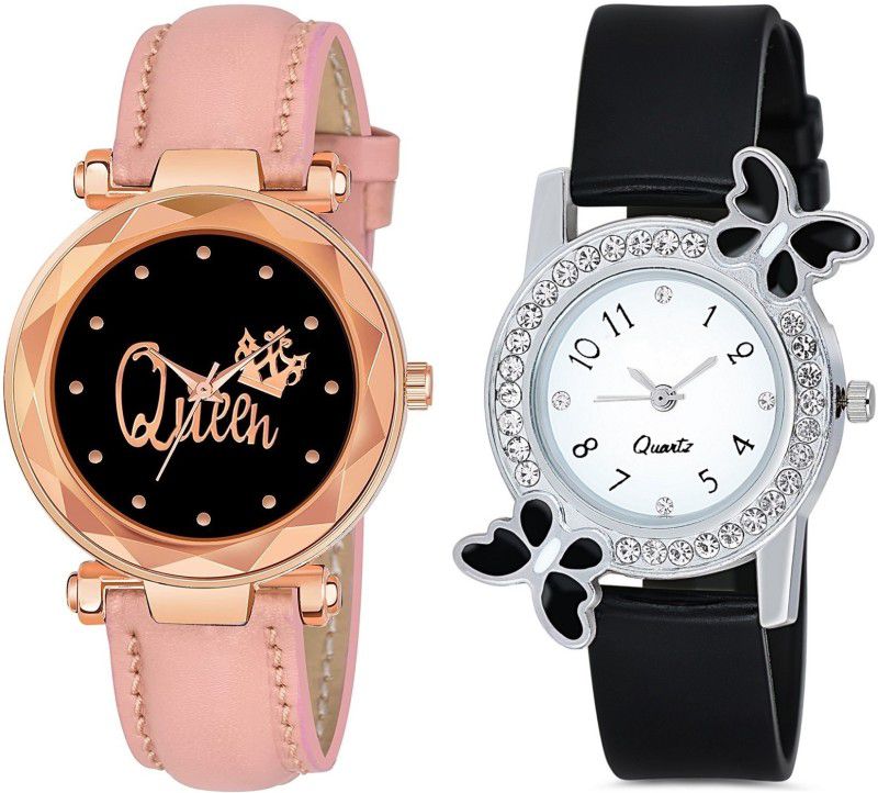 Analog Watch - For Girls New Stylish Combo Of Queen Printed Dial Pink Watch & Black Butterfly