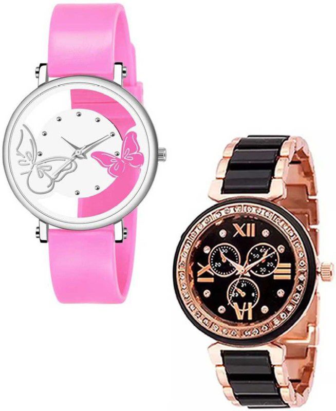 Analog Watch - For Women New Arrival Dual White And Pink Color Dual Batterfly With Black Color Dial Attractive look Diamond Combo