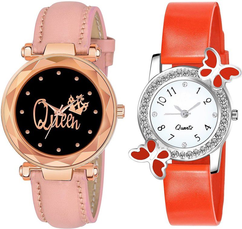 Analog Watch - For Girls New Stylish Combo Of Queen Printed Dial Pink Watch & Red Butterfly