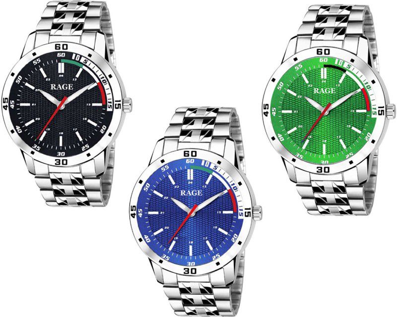 Stylish Dial Stainless steel Strap Set of 3 Boys Analog Watch - For Men R-913-Black-Blue-Green