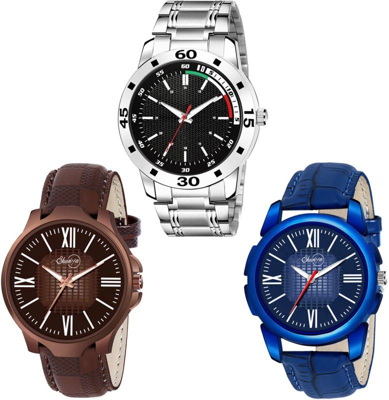 Leather & Stainless Steel Strap Analog Watch - For Boys New Style Exclusive Designer Multi Color Round Dial Men Watch Combo Pack Of 3