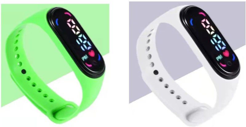 Digital Watch - For Boys & Girls Black Dial Green & White Strap Digital Led Bracelet Unisex Band Watch