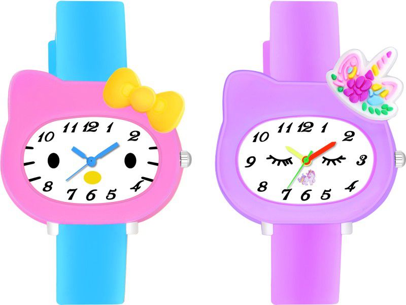 Cartoon Collection Watch For Children Kids Girl's Pack of 2 Analog Watch - For Boys & Girls Hello Kitty Sky Blue And Unicorn Purple