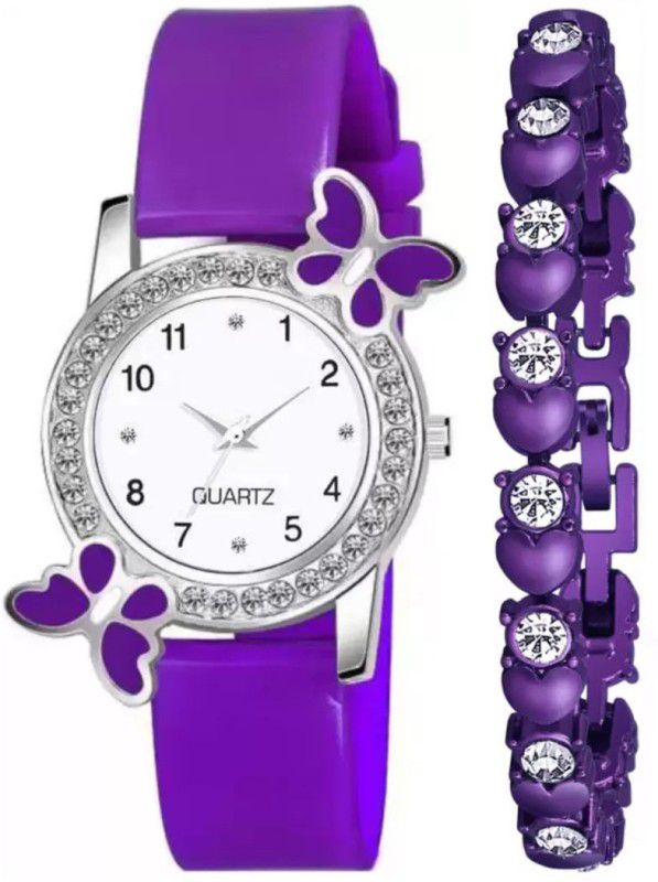 Analog Watch - For Girls RY - 301 Purple Diamond Studed Attractive Bracelet & Buteerfly Girls Watch Combo