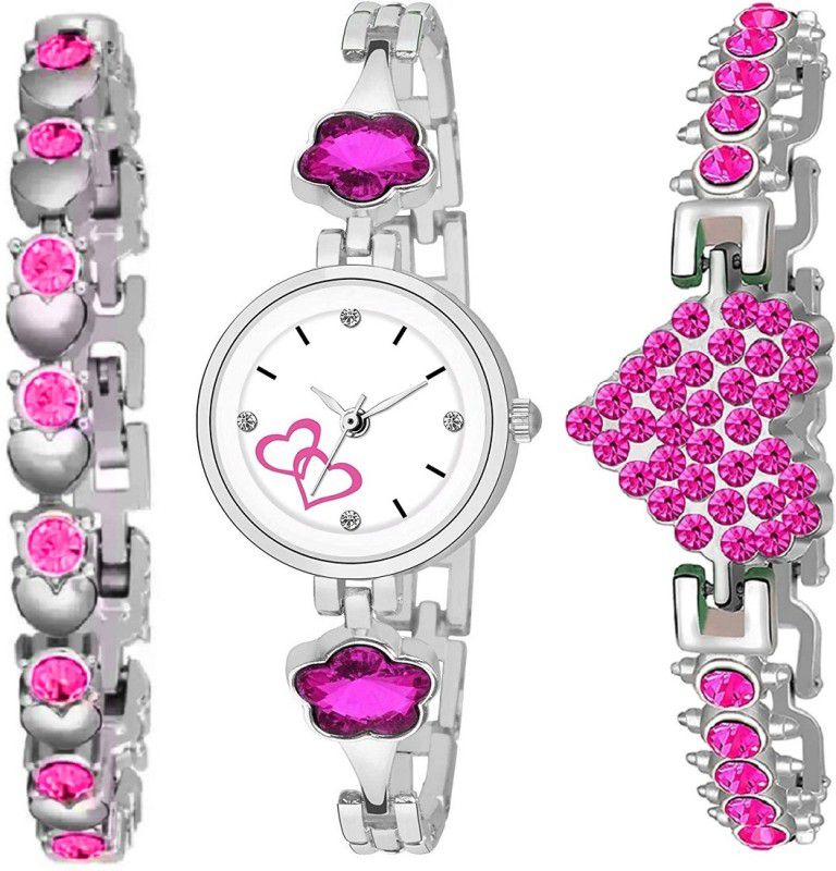 Analog Watch - For Girls New Heart Designer Dial Dark Pink Stone Watch and Heart Bracelets Combo