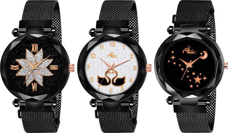 Analog Watch - For Girls Stylish New Luxurious Looking Pack of 3 (Flower+Star+Duck) Black Quartz Magnet Belt Watch Women & Girl