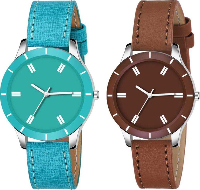 Analog Watch - For Girls .Combo pack of 2 Girls Stylish Cut Glass Blue And Brown Watch For Women