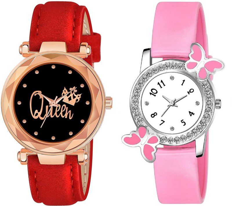Analog Watch - For Girls New Stylish Combo Of Queen Printed Dial Red Watch & Pink Butterfly