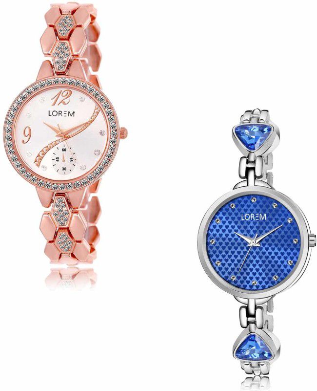 Analog Watch - For Women LR215-LR282 Silver-Blue Fancy-Diamonds Studded Combo of 2