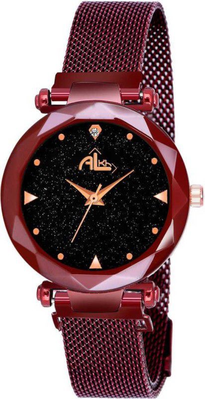 Analog Watch - For Women Luxury Red Mesh Magnetic Belt Diamond Studded Black Dial Analog watch