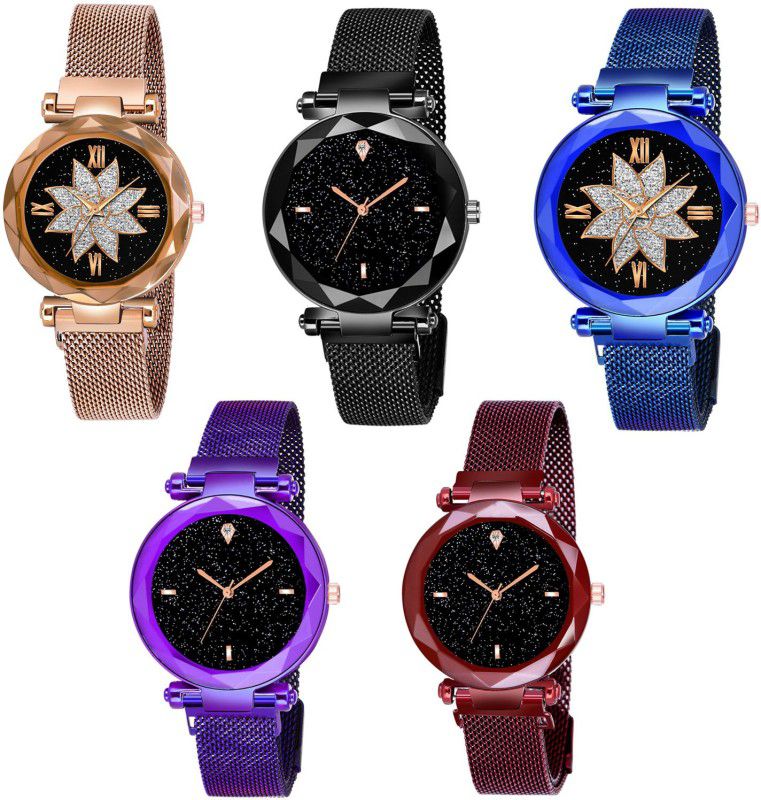Magnet Chain Tsarap Analog Watch - For Girls New Luxuries Looking Magnet Buckle Starry sky Multi Color Dial Quartz Watches Combo pack-05