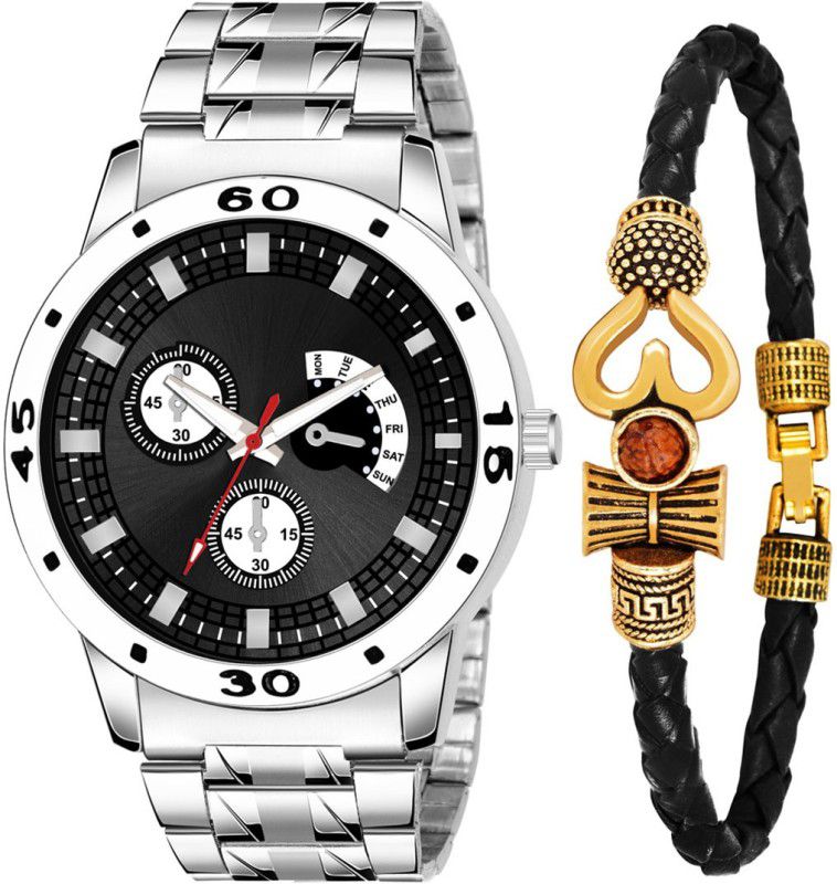 Analog Watch - For Boys KJR_54+042 METAL STRAP WATCH WITH MAHADEV BRACELET COMBO FOR MEN AND BOYS
