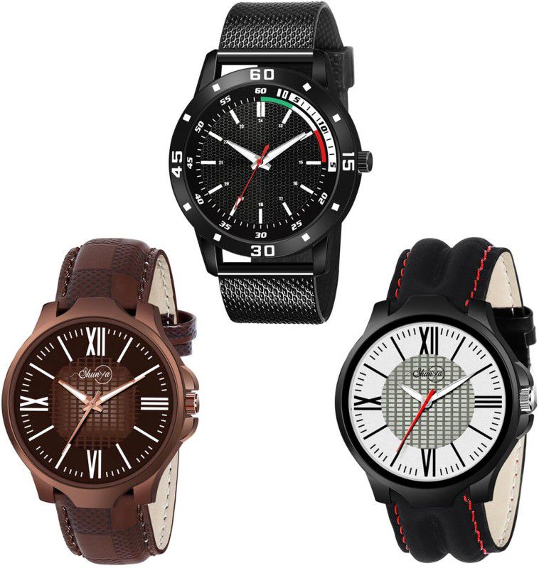 Leather strap Analog Watch - For Boys New Style Professional Multi Color Dial Men Watch Combo Pack Of 3