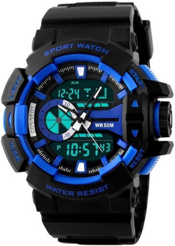 Analog-Digital Watch - For Men Blue Black Skm Shock Protection Chrono Water Resist WR50M Alarm & Date Stainless Steel Moon Light Casual & Sports