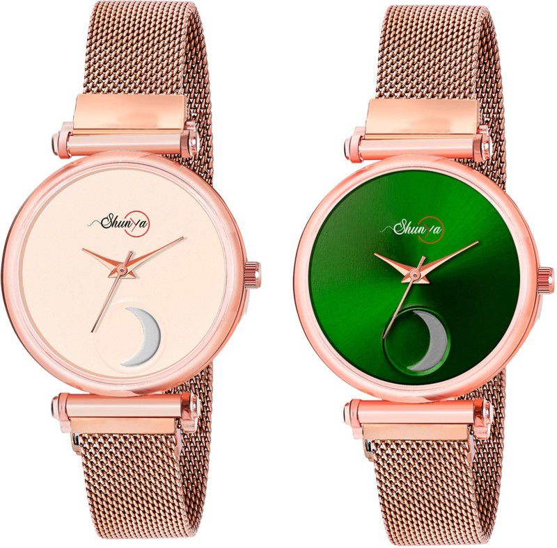 Analog Watch - For Girls New Green&Rose Gold Round Moon Design Dial Girl's magnet Chain Watch - Pack Of 2