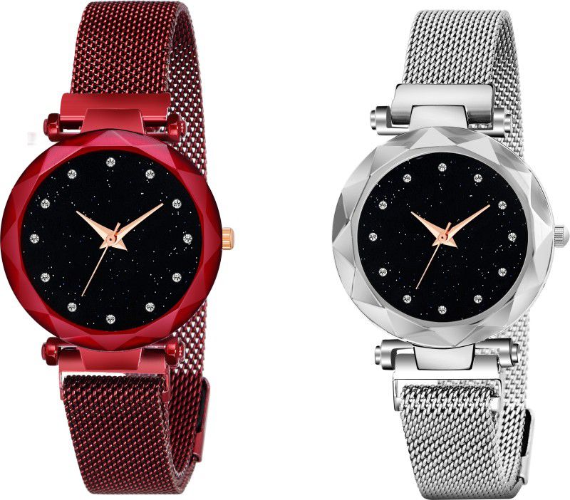 Analog Watch - For Girls Luxury Mesh Magnet Buckle Starry sky Quartz Watches For girls Fashion Mysterious Silver&Red 12 Daimouns Lady New Fashion Analog Watch