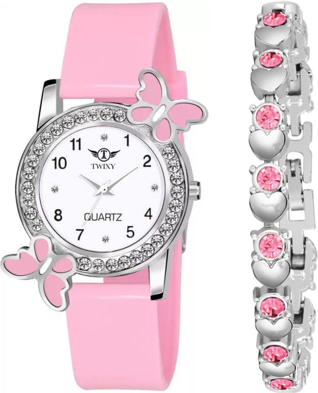 Analog Watch - For Girls TY-205 PINK DIAMOND STUDDED ATTRACTIVE BRACELET & BUTEERFLY ANALOG WATCH COMBO